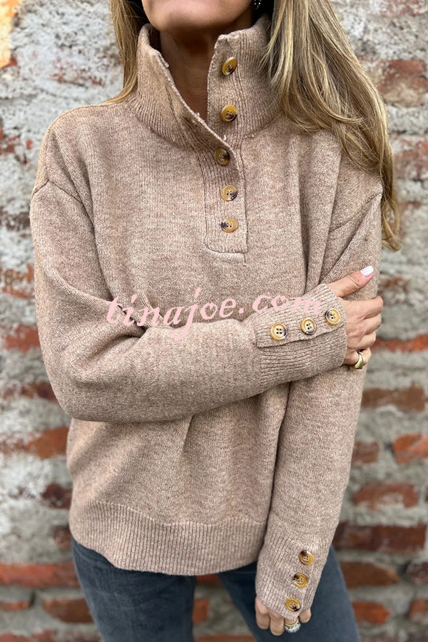 Solid Color High Collar Button Loose Long Sleeve Knitted Sweater