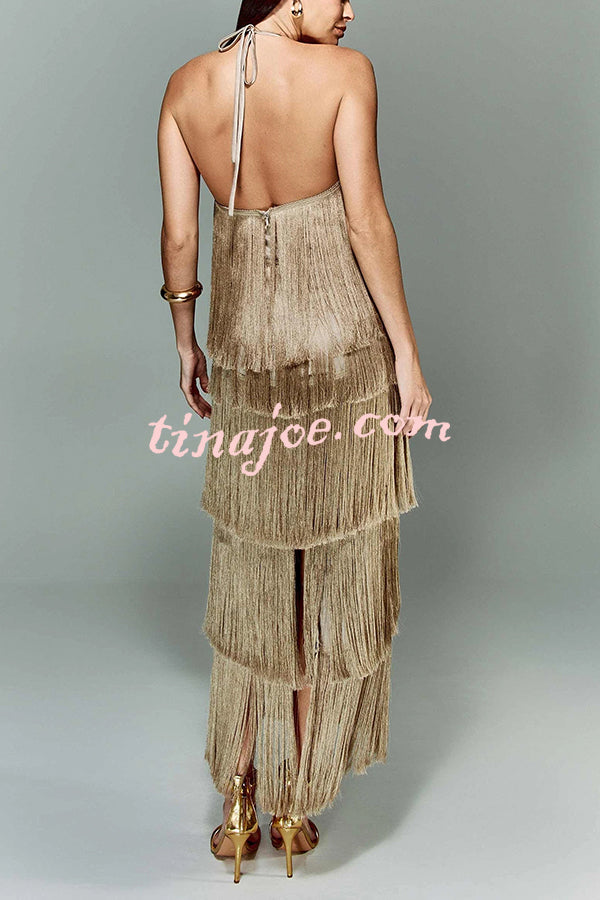 Sexy Halterneck Backless Elegant Fringe Maxi Dress