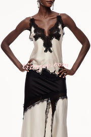 Party Focus Contrast Color Satin Lace Trim V-Neck Slip Tank
