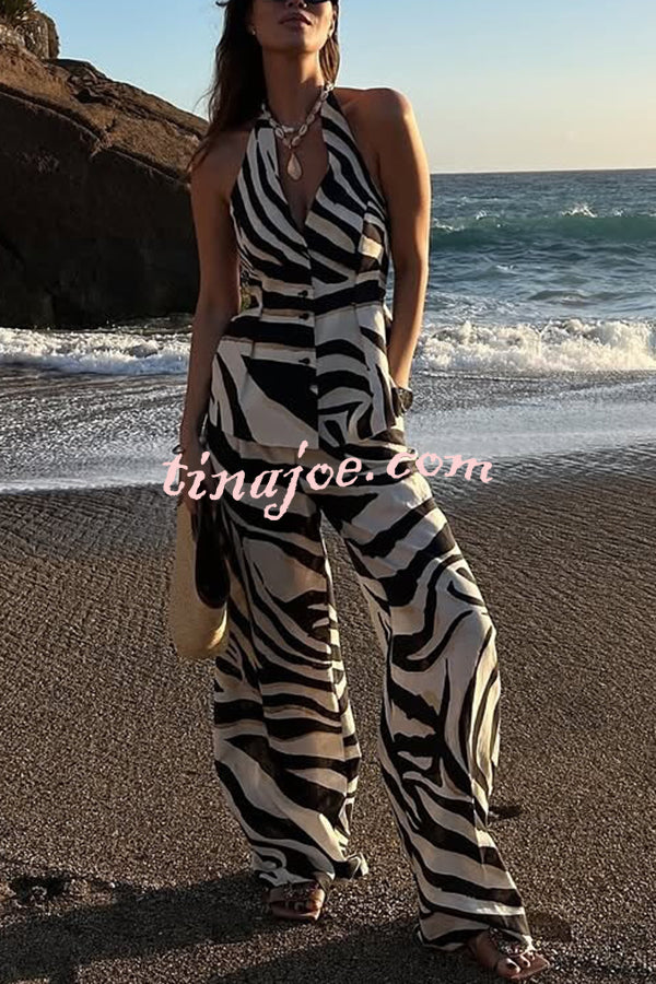 Zebra Print Halter Neck Backless Button-Down Top