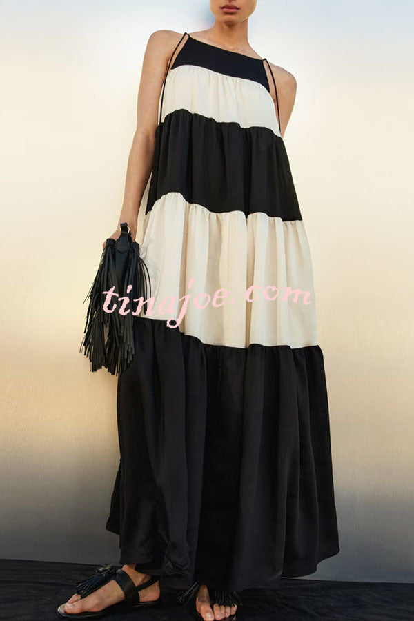 Meila Colorblock Tie-strap Gathered Tiers A-line Maxi Dress