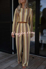Tamia Knit Colorful Wave Unique Print Crop Top and Stretch Wide Leg Pants Set