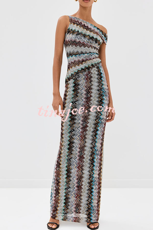 Cocktails and Vacation Knit Colorful Zigzag Pattern One Shoulder Slit Maxi Dress