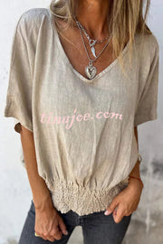 Linen Blend Solid Color V-neck Loose Pleated Casual Top