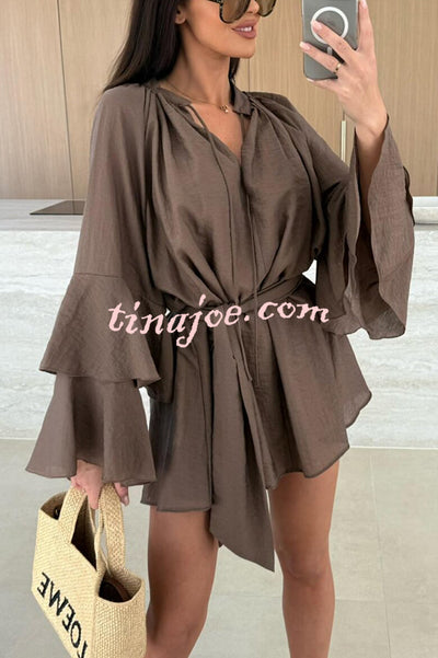 Molly Linen Blend Tiered Bell Sleeve Tie-up Cover-up Mini Dress