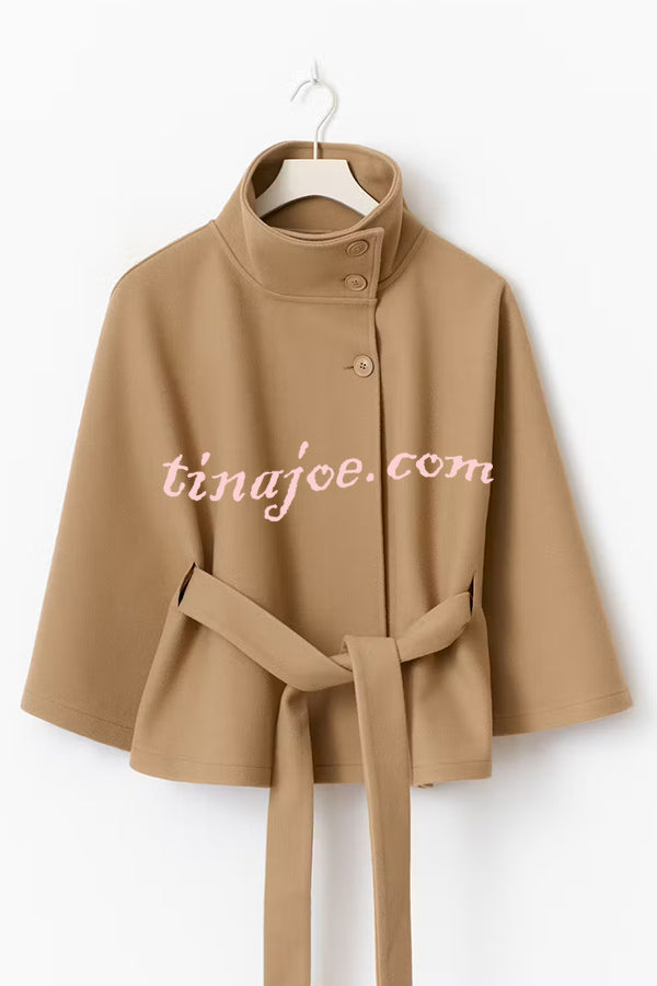 Fashionable Stand Collar Button Waist Tie Loose Cape
