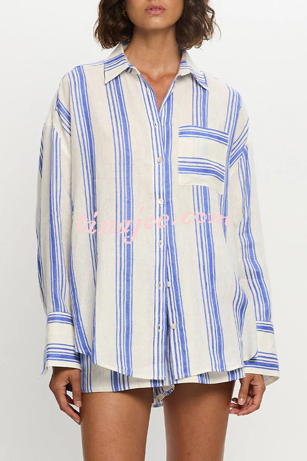 Stripe Print Lapel Long-sleeved Casual Shirt and Elastic Waist Loose Shorts Set