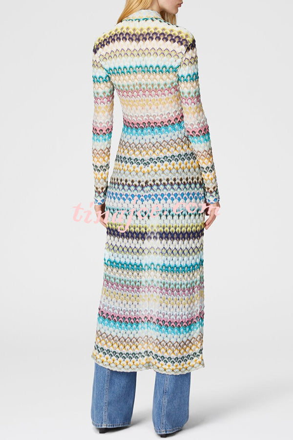 Anna Knit Colorful Herringbone Print Shirt Neck Button Long Sleeve Slim-fit Long Cardigan