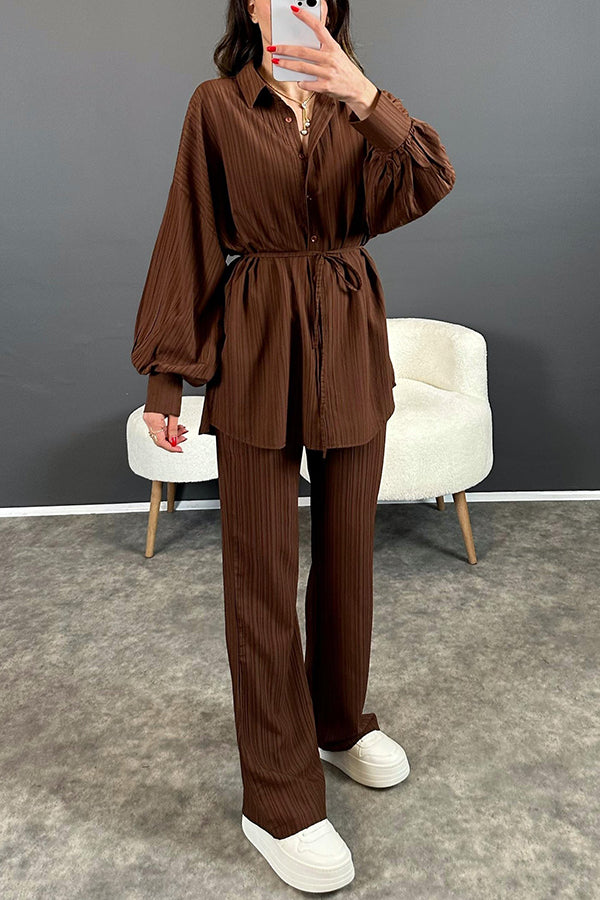 Solid Color Long-sleeved Loose Tie Shirt and Casual Straight Pants Set