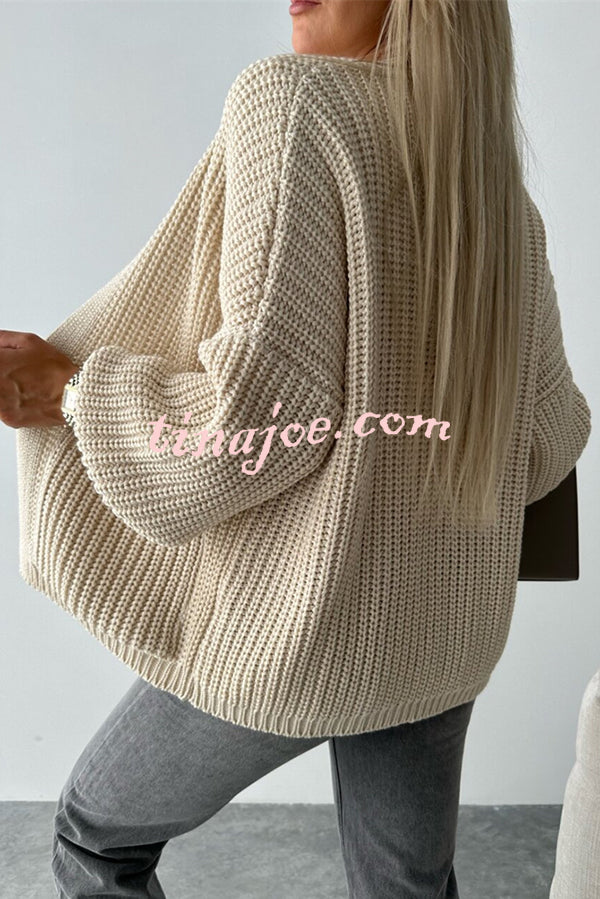 Solid Color V-neck Long-sleeved Casual Knitted Cardigan