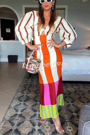 Kaya Linen Blend Color Block Print Front Cutout Knot Puff Sleeve Maxi Dress