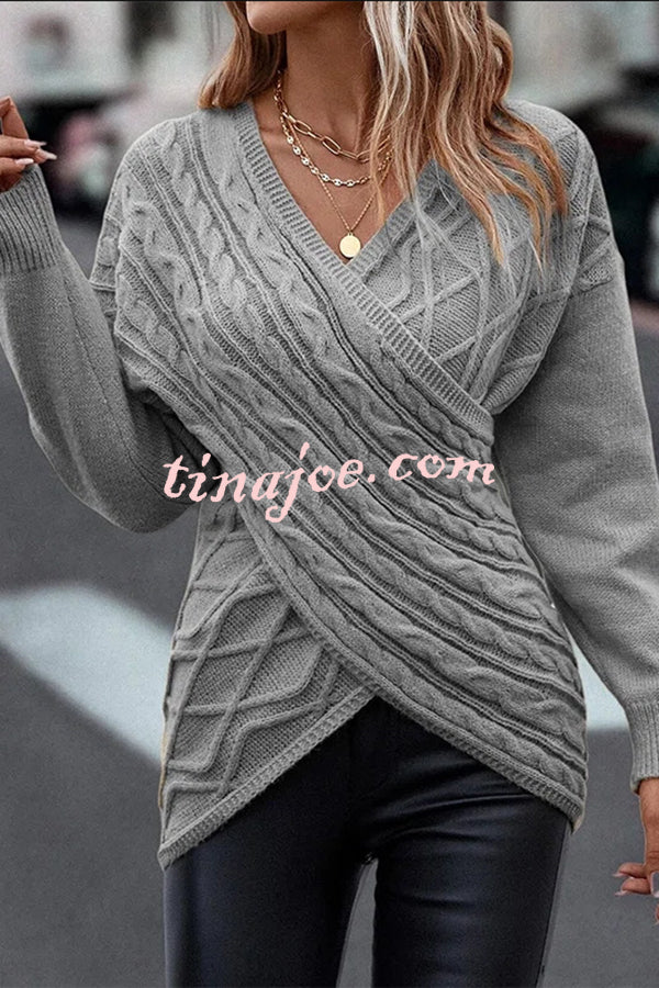 Solid Color V Neck Cross Jacquard Long Sleeved Sweater
