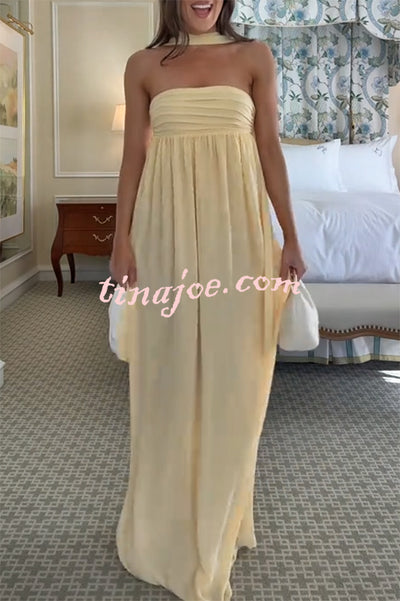 Butter Yellow Ruched Bust Off Shoulder Scarf A-line Maxi Dress