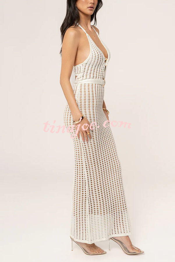 Ocean Dream Crochet Knit Golden Decoration Halter Stretch Maxi Dress