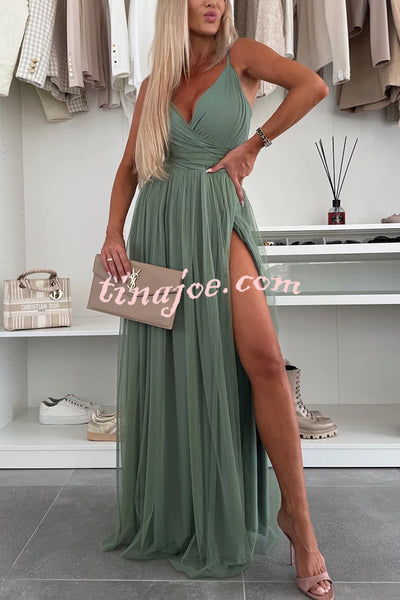 Solid Color Tulle Halter Back High Slit Maxi Dress