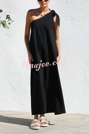 Solid Color One-shoulder Strappy Elegant Sloping Collar Loose Maxi Dress