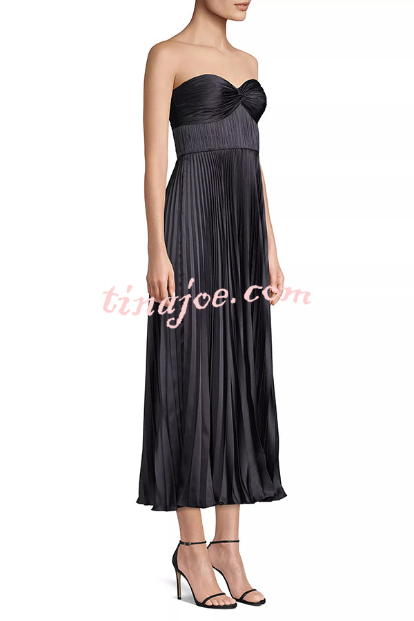 Love Note Satin Sweetheart Twist Off Shoulder Pleated Maxi Dress