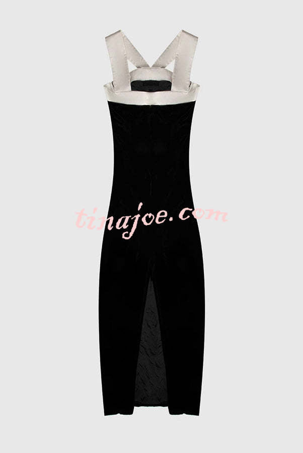 Sociable Elegance Velvet Contrast Bow Shoulder Strap Slit Stretch Midi Dress