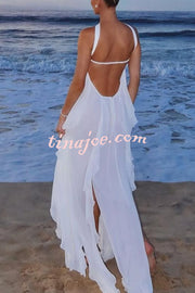 Resort Style Romantic Ruffles Open Back Stars Decorated Beach Maxi Dress