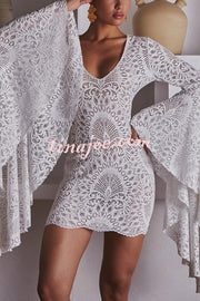 Coachella Time Unique Lace Pattern Oversized Bell Sleeve Stretch Mini Dress