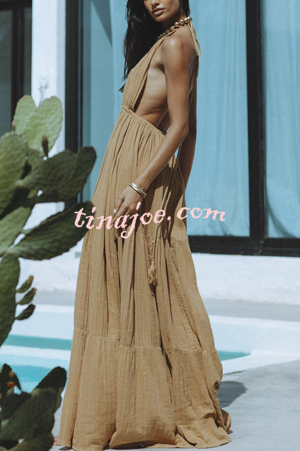 Laelia Linen Blend Halter Backless Slit Cover Up Maxi Dress