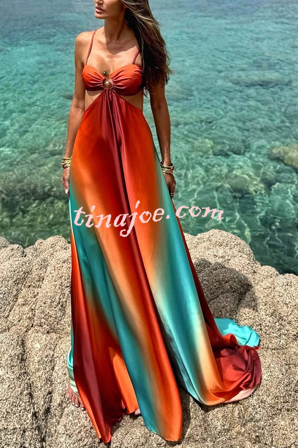 Neon Sunset Printed Metal Decoration Cutout Back Tie-up Vacation Maxi Dress