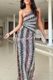 Cocktails and Vacation Knit Colorful Zigzag Pattern One Shoulder Slit Maxi Dress