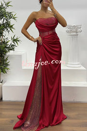 Essie Satin Rhinestone Patchwork Twist Waist Strapless Slit Maxi Dress