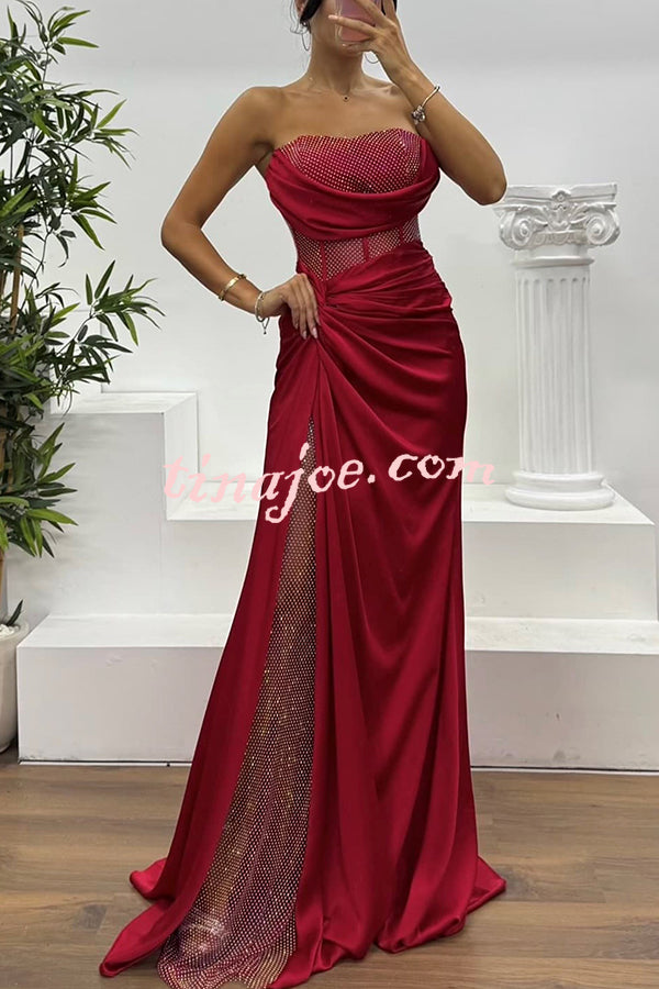 Essie Satin Rhinestone Patchwork Twist Waist Strapless Slit Maxi Dress
