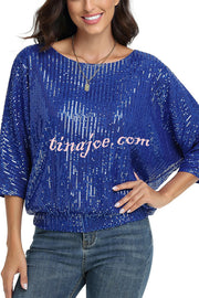 Solid Color Sequined Loose Round Neck Casual Top