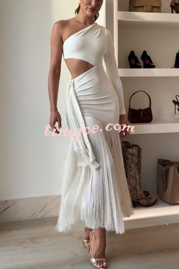 Amazing Type One Shoulder Cutout Drape Tassle Trim Stretch Maxi Dress