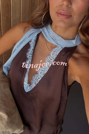 Sunday Social Contrast Color Satin Lace Trim Neck Strap Loose Tank