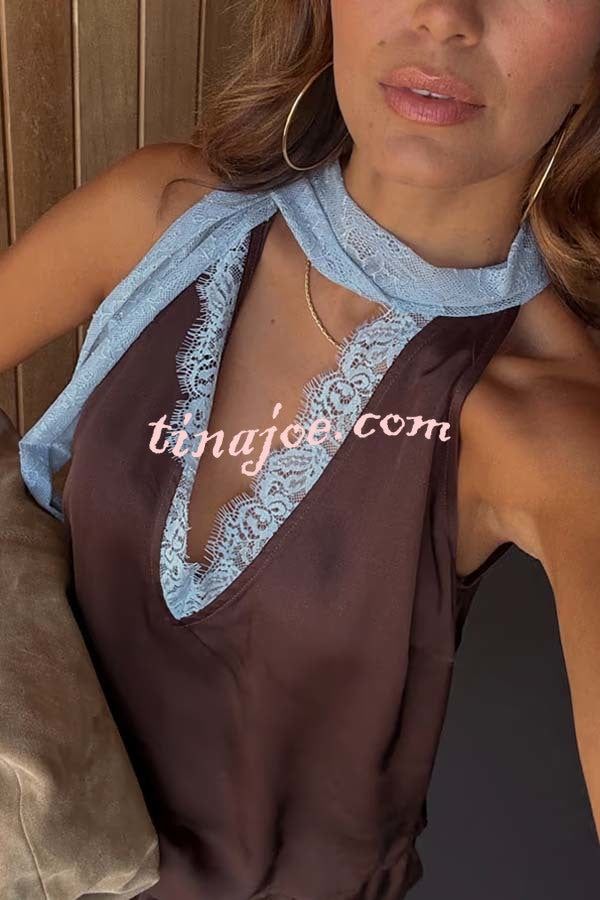 Sunday Social Contrast Color Satin Lace Trim Neck Strap Loose Tank