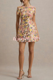 80's Inspired Floral Print Sequin Short Sleeve Stretch Mini Dress