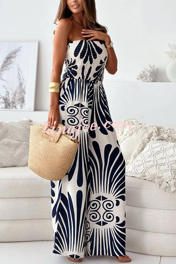 Unique Printed Off-shoulder Pleated Casual Wide-leg Jumpsuit