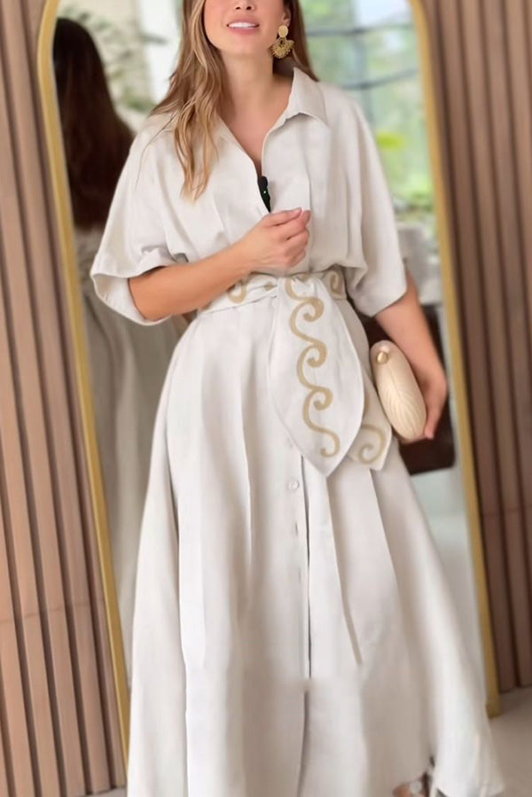 Solid Color Lapel Pocket Pattern Lace-up Loose Maxi Dress