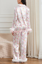 Christmas Print Feather Trim Elastic Waist Pocket Pajama Set