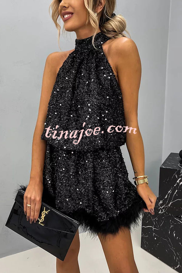 It's Time To Dance Sequin Feather Trim Halter Babydoll Mini Dress