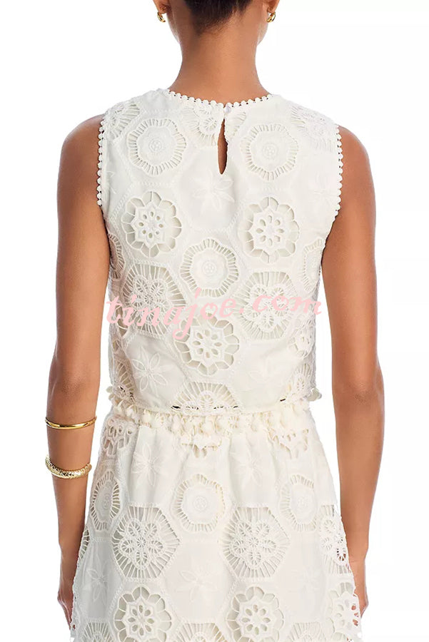 Nice Try Embroidered Crochet Lace Tassle Trim Crop Tank Top