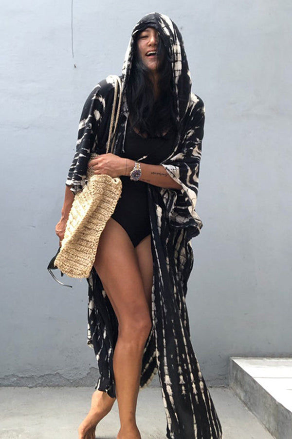 Boho Tie-dye Print Hooded Kimono Cover-up