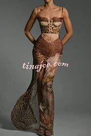 Chiffon Leopard Print Sexy Lace Splicing High Slit Slim Maxi Dress