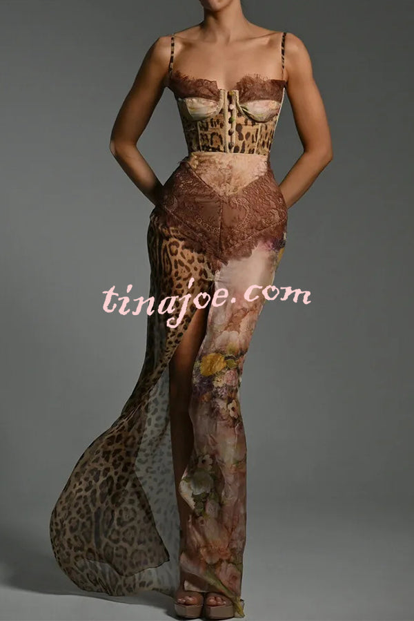 Chiffon Leopard Print Sexy Lace Splicing High Slit Slim Maxi Dress