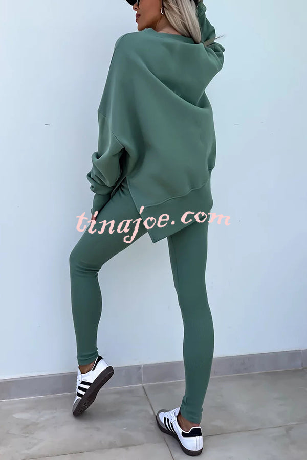 Solid Color Loose Long Sleeve SlitSweatshirt and Elastic Waist Tight Pants Set