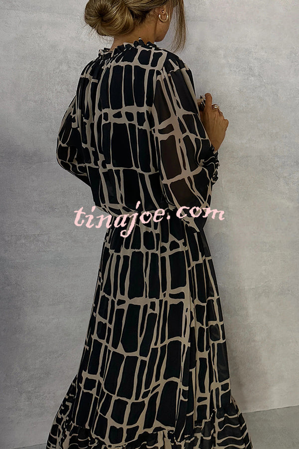 Unique Printed V-neck Tie-up Waist Long-sleeve Maxi Dress