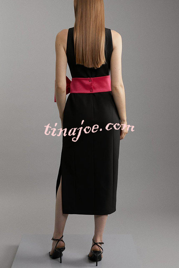 Clean Tailored Taffeta Contrast Oversized Bow Tie Waist Midi Dress