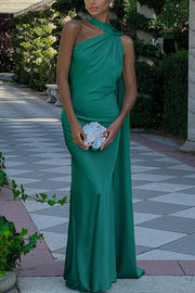 Crush on You Satin One Shoulder Backless Cape Maxi Dress