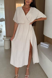 Linen Blend Solid Color V-neck Short Sleeve Waist Loose Slit Midi Dress