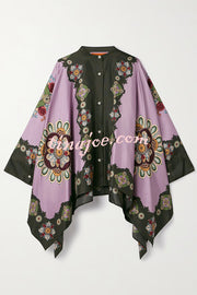 Satin Unique Print Loose Batwing Sleeve Top and Elastic Waist Pocket Casual Wide-leg Pants Set