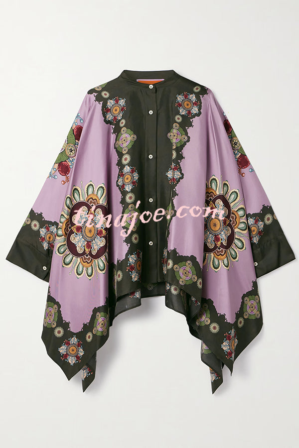 Satin Unique Print Loose Batwing Sleeve Top and Elastic Waist Pocket Casual Wide-leg Pants Set