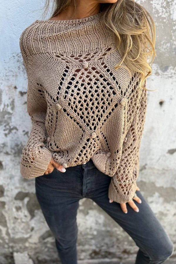 Solid Color Hollow Round Neck Casual Loose Knitted Sweater